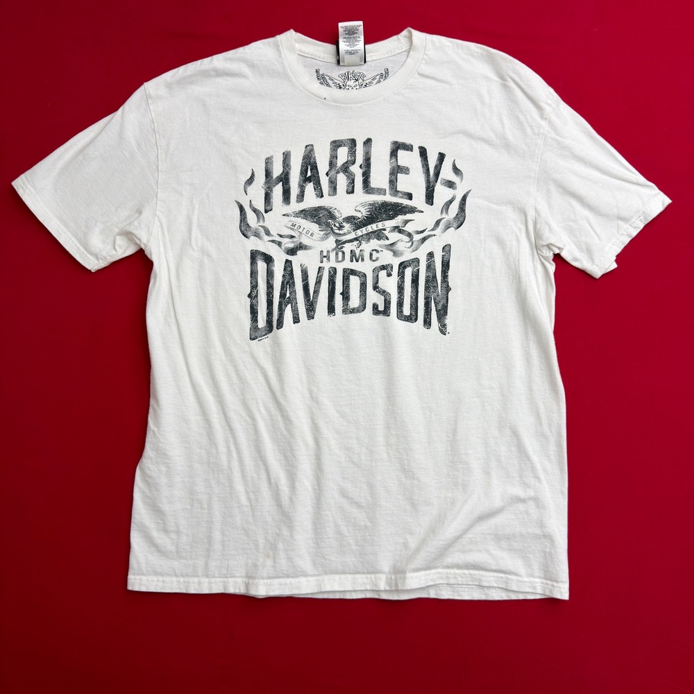 Harley Davidson Mens XL White T-Shirt Adamec Orange Park FL Graphic Eagle Biker